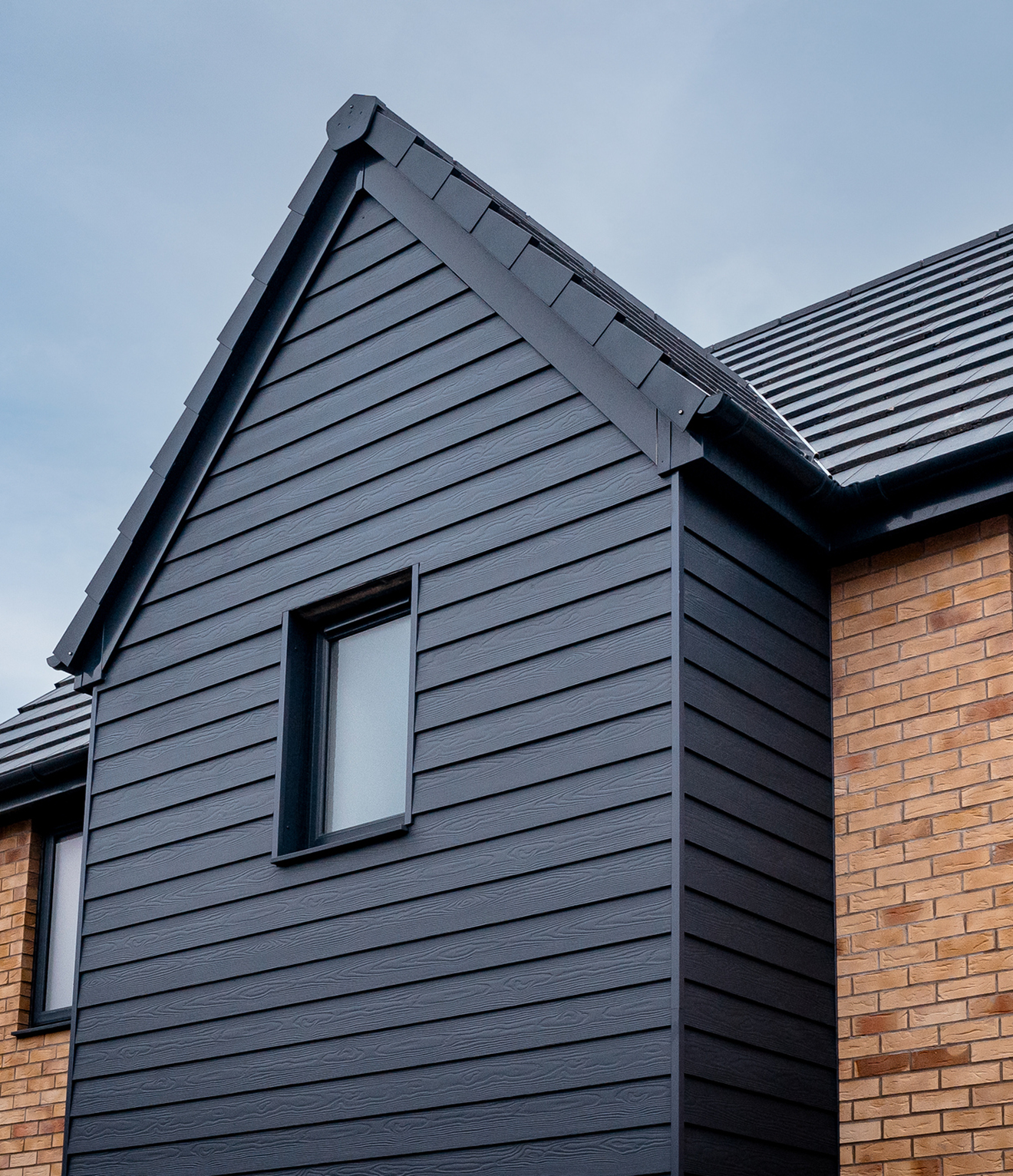 Modern house with dark siding and window.